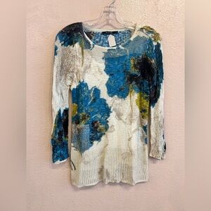 Nic+Zoe Cotton Lined Blue Green Floral Sweater Size Small